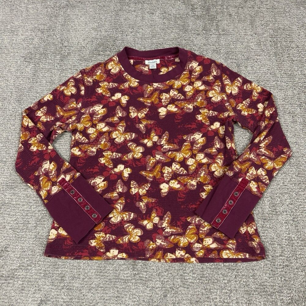 Sundance Shirt Womens Medium Petite Thermal Butterflies Waffle Knit Top Burgundy